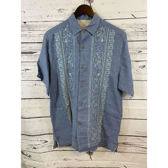Tommy Bahama Floral Embroidered Blue Linen Mens Button Down Size Medium - Picture 1 of 7